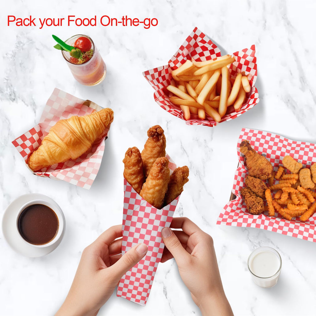 100PCS Sandwich Wrapping Paper, Grease Resistant Wax Paper Sheets for Food, Extra Strong Food Basket Liners, Classic Red & White Checkered Deli Sheets 12x12" for BBQ, Picnic, Festival - Vacnkoy