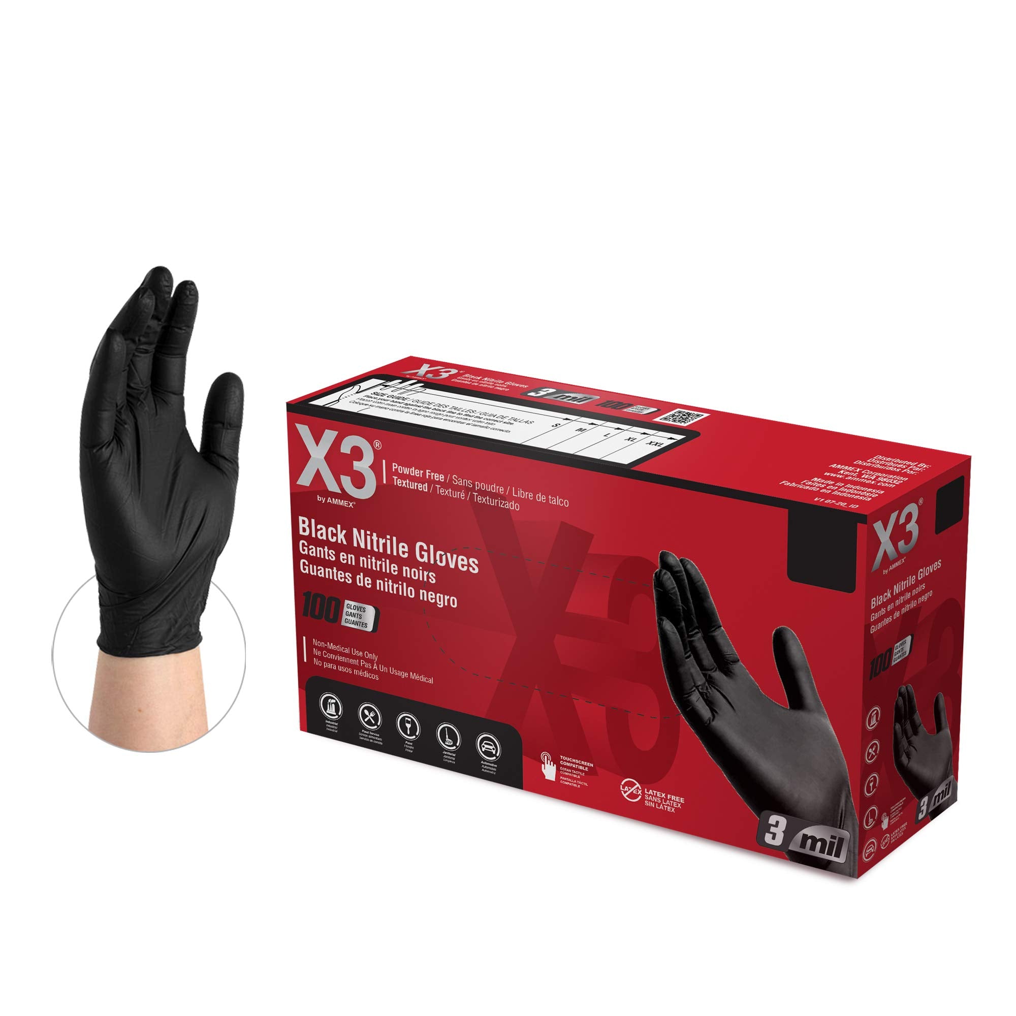 X3 Black Gloves, Disposable, Latex & Powder Free, Nitrile, for Cooking, Food Prep, 3 Mil, Size XX-Large, Box of 100