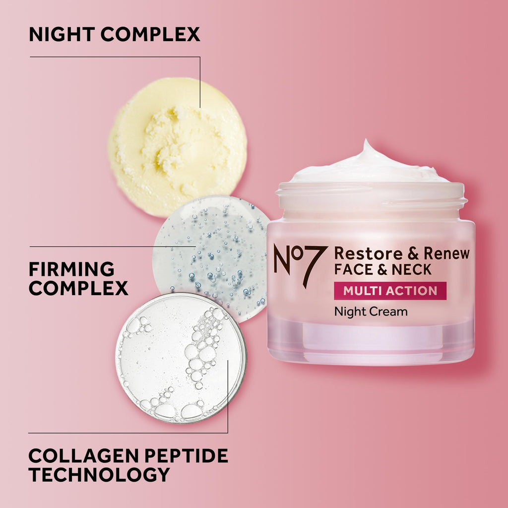 No7 Restore & Renew Multi Action Face & Neck Night Cream - Collagen Peptide Anti Aging Face Cream - Hydrating Hyaluronic Acid + Skin Firming Fragrance Free (50ml)