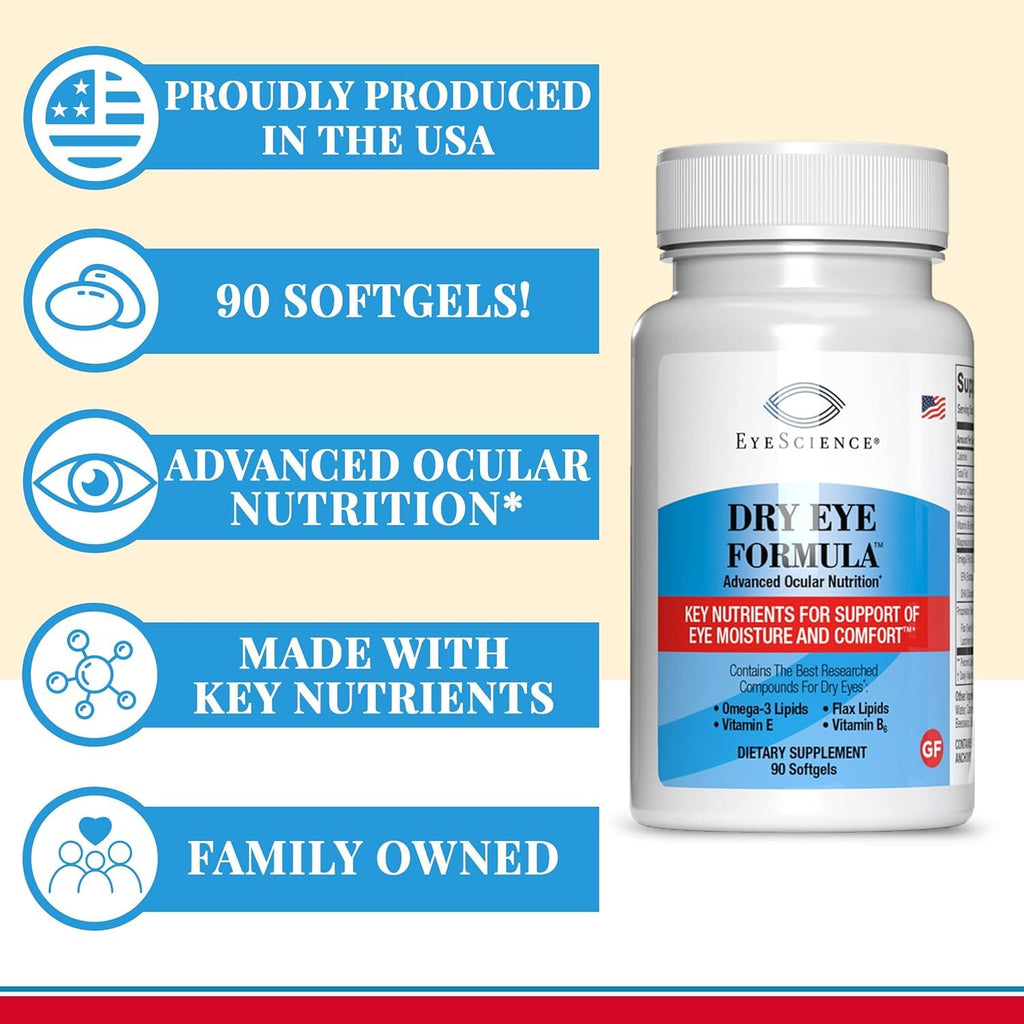 EyeScience - Dry Eye Formula - 90 Softgels - for Relief, Omega-3, Vitamins E, C & B6, Magnesium - Tear Production & Lasting Comfort - 2 Pack