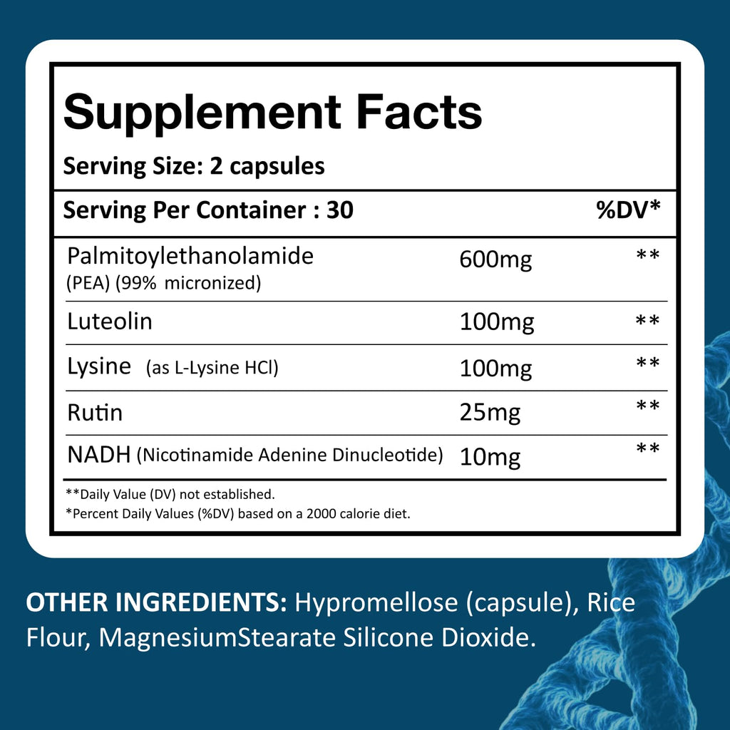 XpandAge Life Sciences Palmitoylethanolamide(micronized Pea) with Luteolin,Nadh,Rutin and Lysine for Immunity,Nervous* System* Support and Overall Wellness.60 Vegetable Capsules, Made in USA.