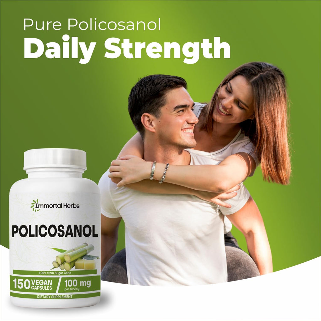 Immortal Herbs Policosanol 100mg Capsules, Derived from Sugar Cane, 150 Pills, Non-GMO and Gluten-Free Policosanol Supplement for Women and Men