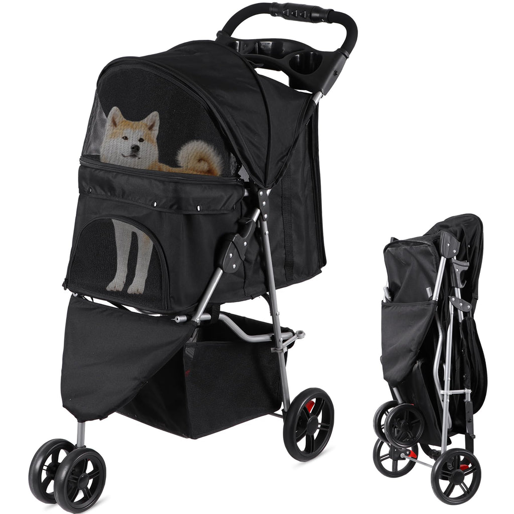 Foldable Pet Stroller for Cats and Dogs 3 Wheels Carrier Strolling Cart with Weather Cover, Storage Basket + Cup Holder (Black)