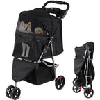 Foldable Pet Stroller for Cats and Dogs 3 Wheels Carrier Strolling Cart with Weather Cover, Storage Basket + Cup Holder (Black)