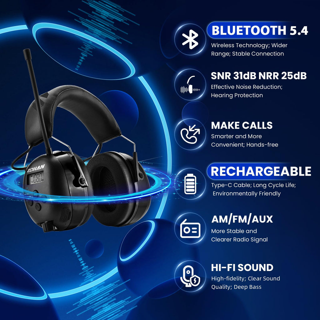 ZOHAN AM/FM Radio Headphone with Digital Display,Ear Protection Noise Reduction Earmuffs,Comfortable Hearing Protector(Black, Bluetooth, Type-C)