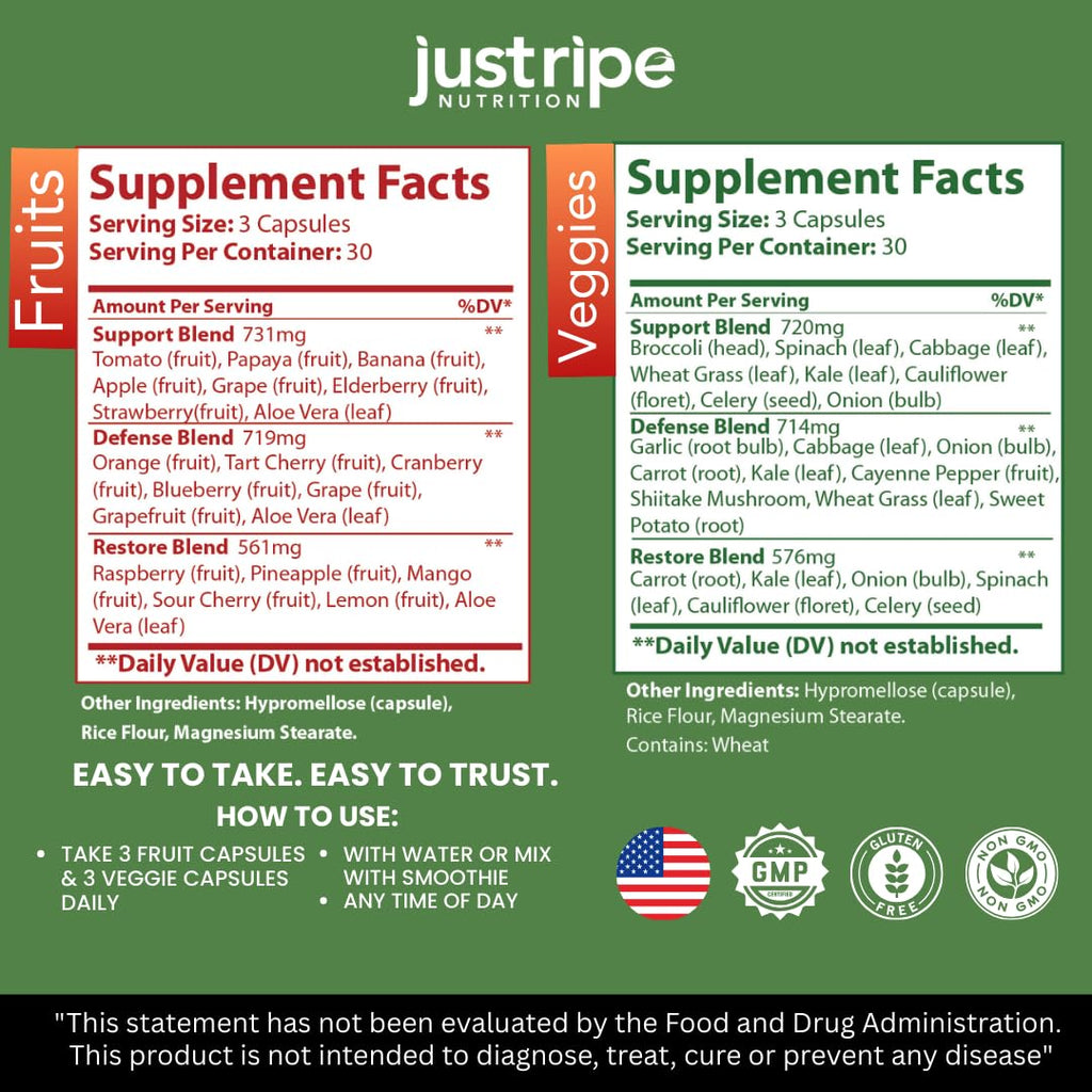 Fruits and Veggies Supplement - 90 Fruit and 90 Vegetable Capsules - 100% Whole Natural Superfood - Filled with Super Greens Vitamins and Minerals - Supports Balance Energy Levels (1 Pack)