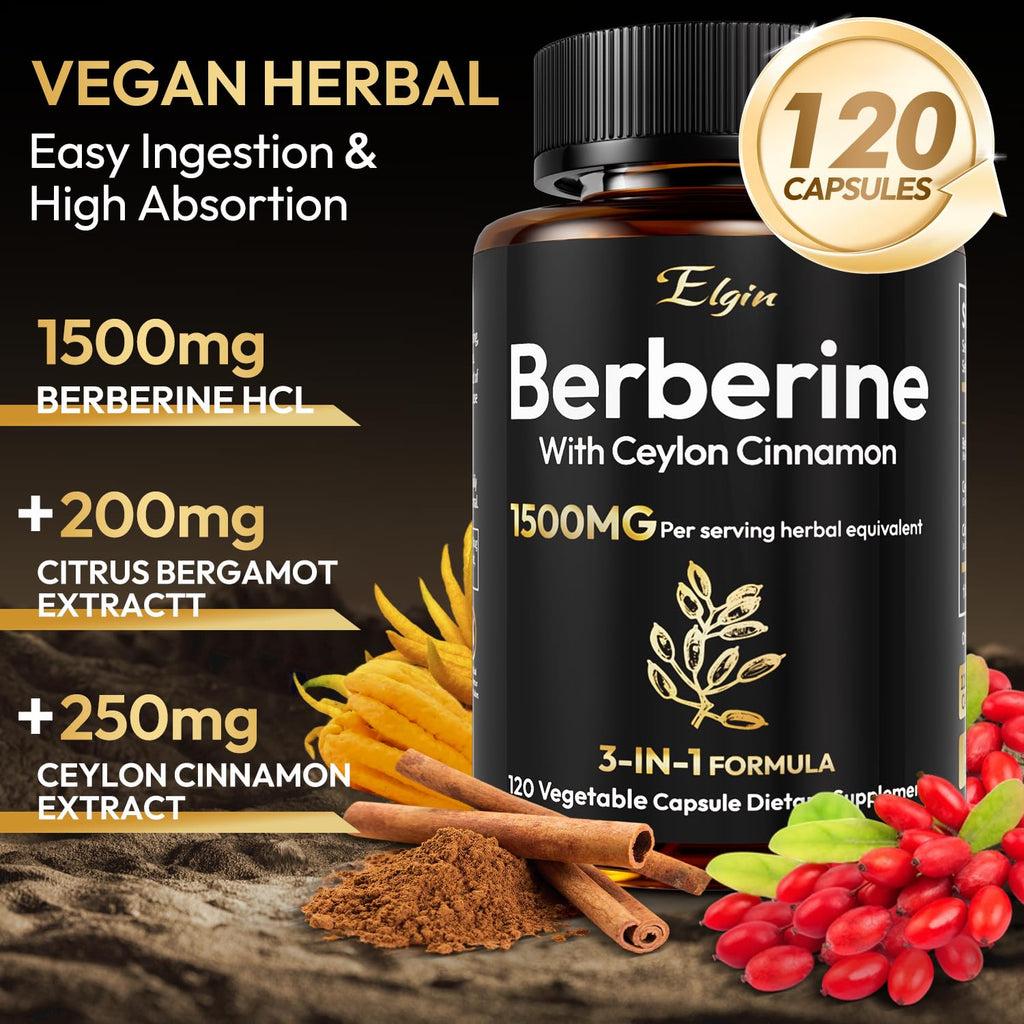 LSOIUX Berberine HCL 1500mg for Weight Loss with Ceylon Cinnamon & Citrus Bergamot | Triple Action Formula for Metabolic Support* | Third-Party Tested Certified, Vegan Capsules, 120 Count