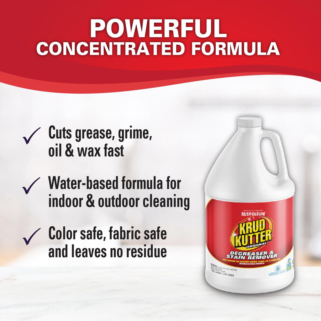 Krud Kutter Original Concentrated Cleaner Degreaser, 1 Gallon, Heavy Duty Multi Surface Cleaner for Grease, Oil and Tough Stains, Dilutable for Kitchen, Garage, Floors and Outdoor Use