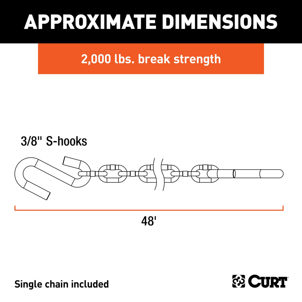 CURT 80010 48-Inch Trailer Safety Chain with 3/8-In S-Hooks, 2,000 lbs Break Strength