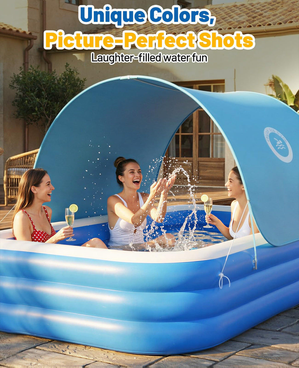 HeySplash Inflatable Pool with Canopy, Swimming Pool for Adults, Large Blow Up Pool Ideal for Family Backyard Garden Party, Outdoor Summer Fun, 118" x 69" x 24"(Blue)