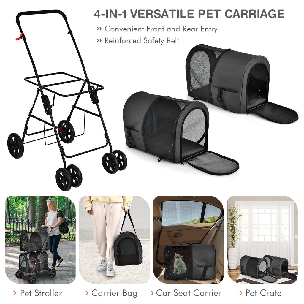 Giantex Double Pet Stroller with 2 Detachable Carrier Bags, Safety Belt, 4 Lockable Wheels, Folding Cat & Dog Stroller for Small Medium Pets, Cats Dogs Puppy Travel Strolling Cart (Black)