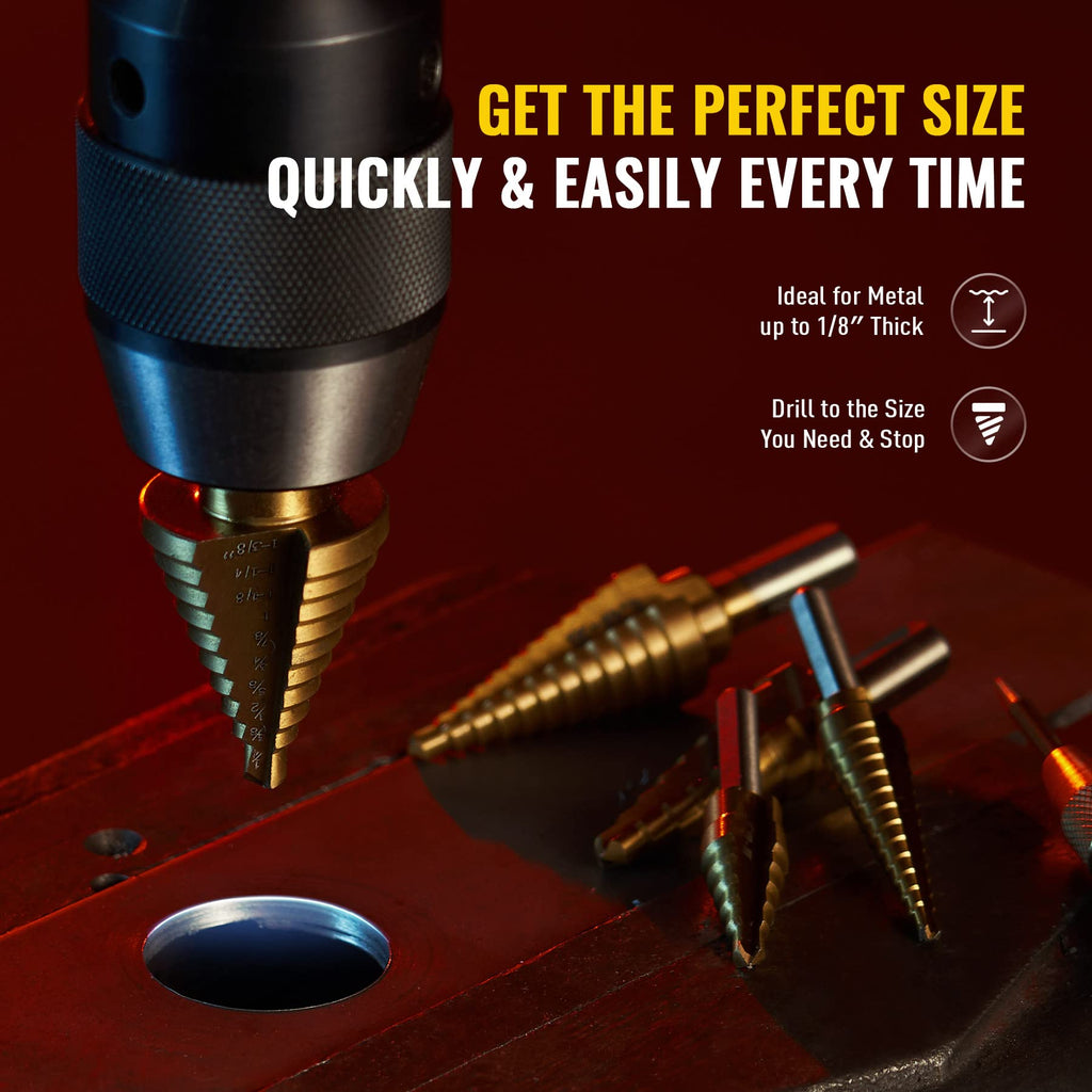 ZELCAN HSS 5PCS Titanium Step Drill Bit Set with Automatic Center Punch for Sheet Metal with Aluminum Case, 50 Sizes in 5 High Speed Multiple Hole Stepped Up Steel Bits for DIY Lovers