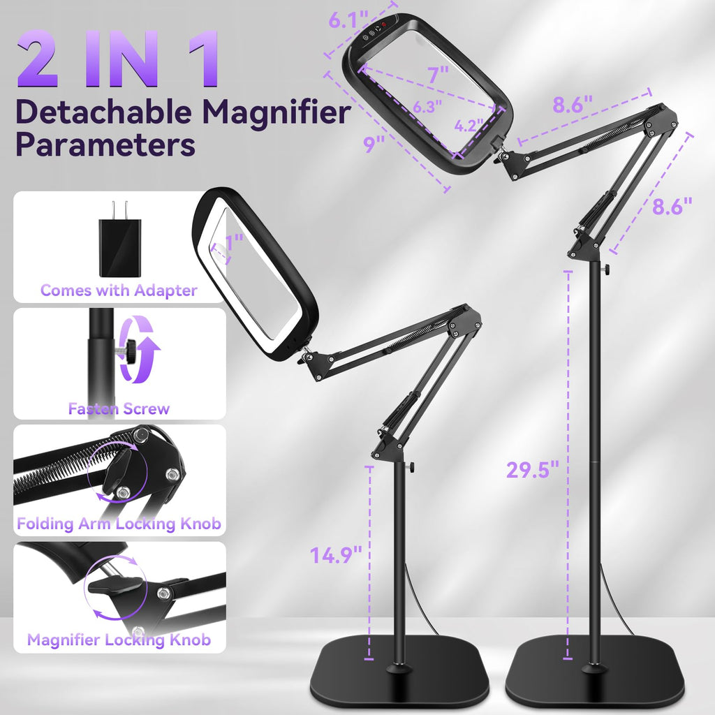 30X 10X Extra Large Floor Magnifying Glass with Light and Stand,7-inch Adjustable Height Floor Magnifying Lamp,2 in 1 Lighted Magnifiers for Close Work, Sewing,Crafts,Hobbies,Reading,Black