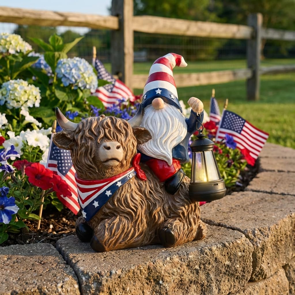 TERESA'S COLLECTIONS 4th of July Highland Cow Gnome Decorations with Solar Lantern, Memorial Day Resin Garden Yak Figurine for Home, Patriotic Independence Day USA 250th Anniversary Outdoor Decor 10"