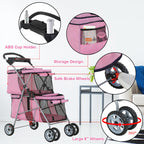 Double Layer Dog Stroller for 2 Small Dogs/Cats, 4 Wheels Pet Jogger With Removable Liner, Storage Basket, Rear Wheel Break - Folding Double Decker Portable Crate