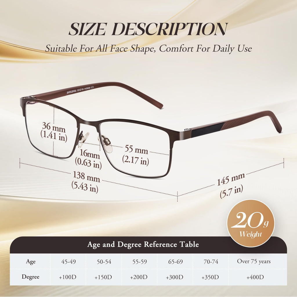 DJOLENSA 3 Pack Reading Glasses Men, Blue Light Blocking Reading Glasses 2.0, Anti Eyestrain/Glare/UV, Metal Frame Spring Hinge Computer Readers with Pouches (2.0+)