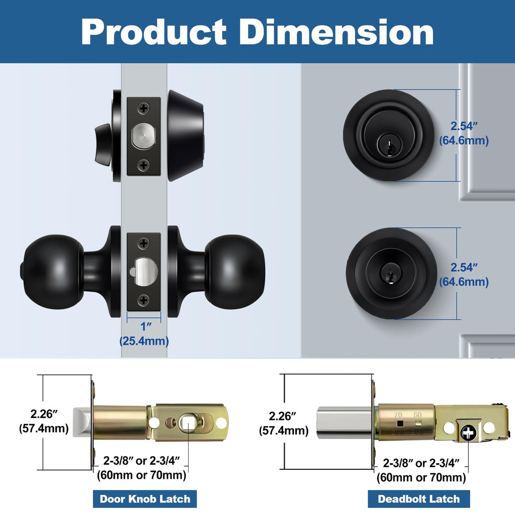 BESTTEN Keyed Alike Exterior Door Knob with Key Lock and Deadbolt, All Keyed Same, Matte Black Entry Door Knobs with Lock and Keys for Entrance and Front Door