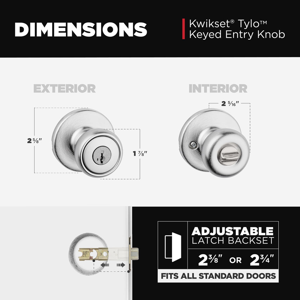 Kwikset Tylo Entry Door Knob with Lock and Key, Secure Keyed Handle Exterior Doorknob, Front Entrance and Bedroom, Satin Chrome, Pick Resistant SmartKey Rekey Security