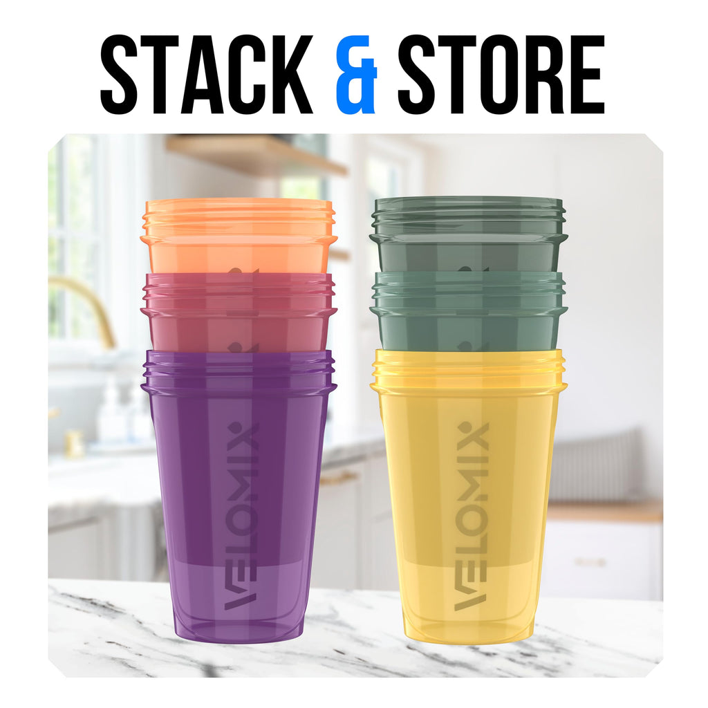 VELOMIX -6 PACK- 20 oz Protein Shaker Bottle for Protein Mixes - 6x Wire Whisk | Leak Proof Shaker Cups for Protein Shakes | Stackable Protein Shaker Bottle Pack | Dishwasher Safe (Nature Tones)