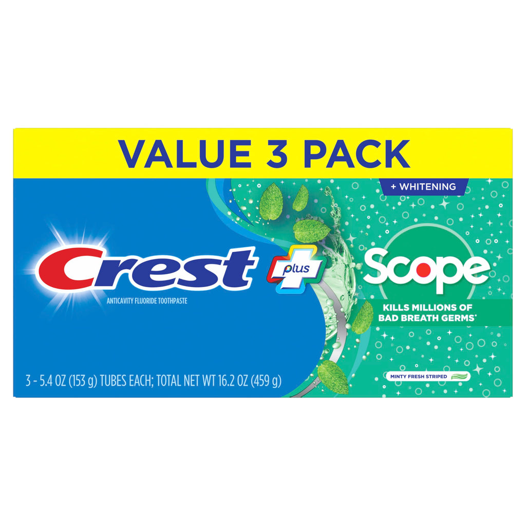 Crest + Scope Whitening Toothpaste - Pack of 3, 5.4 Oz Tubes - Anticavity Fluoride Toothpaste, Fresh Breath, Kills Germs - Tartar Protection, Enamel Protection - Minty Fresh Flavor