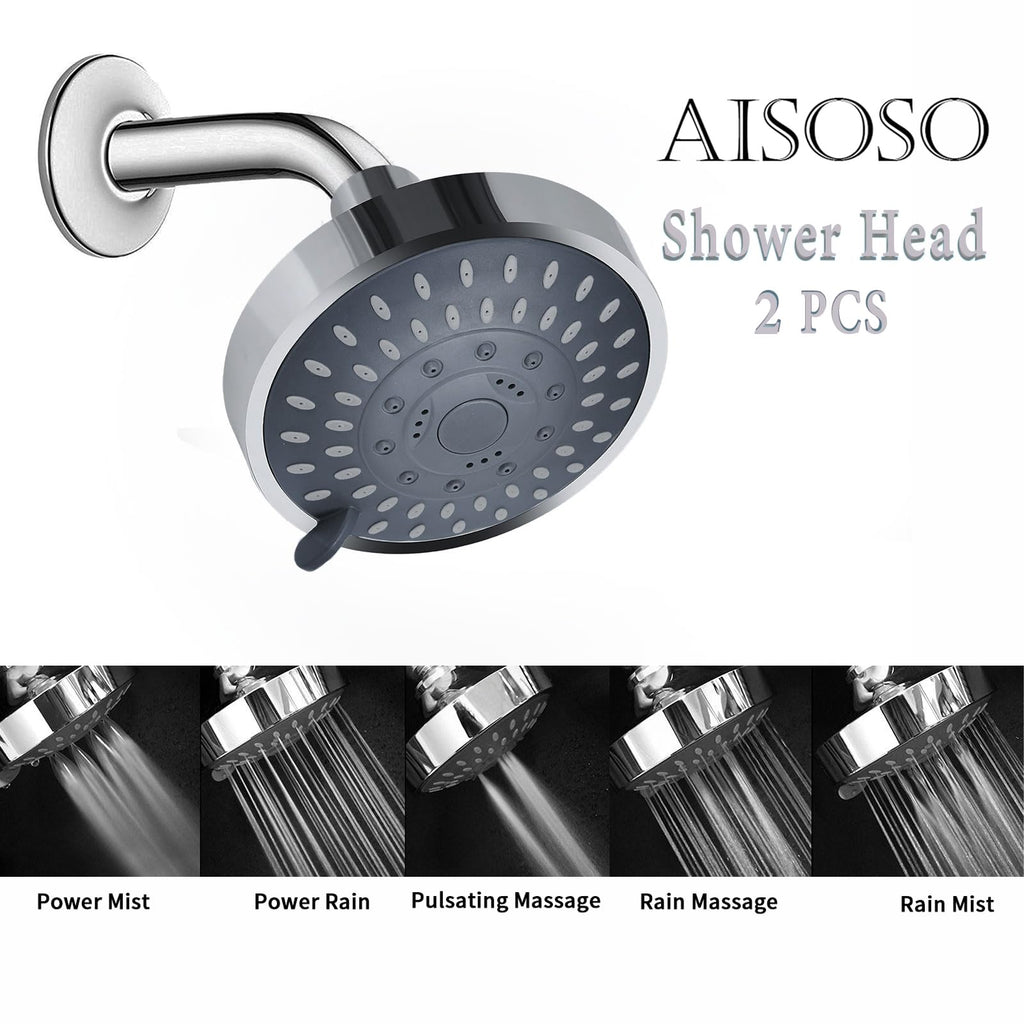 AISOSO Shower Head 2 PCS, 5 Modes High Pressure Shower Heads for Relaxed Shower Experience, 4.1 Inch Bathroom Fixed Showerhead Even at Low Water Pressure for Powerful Spray, Chrome