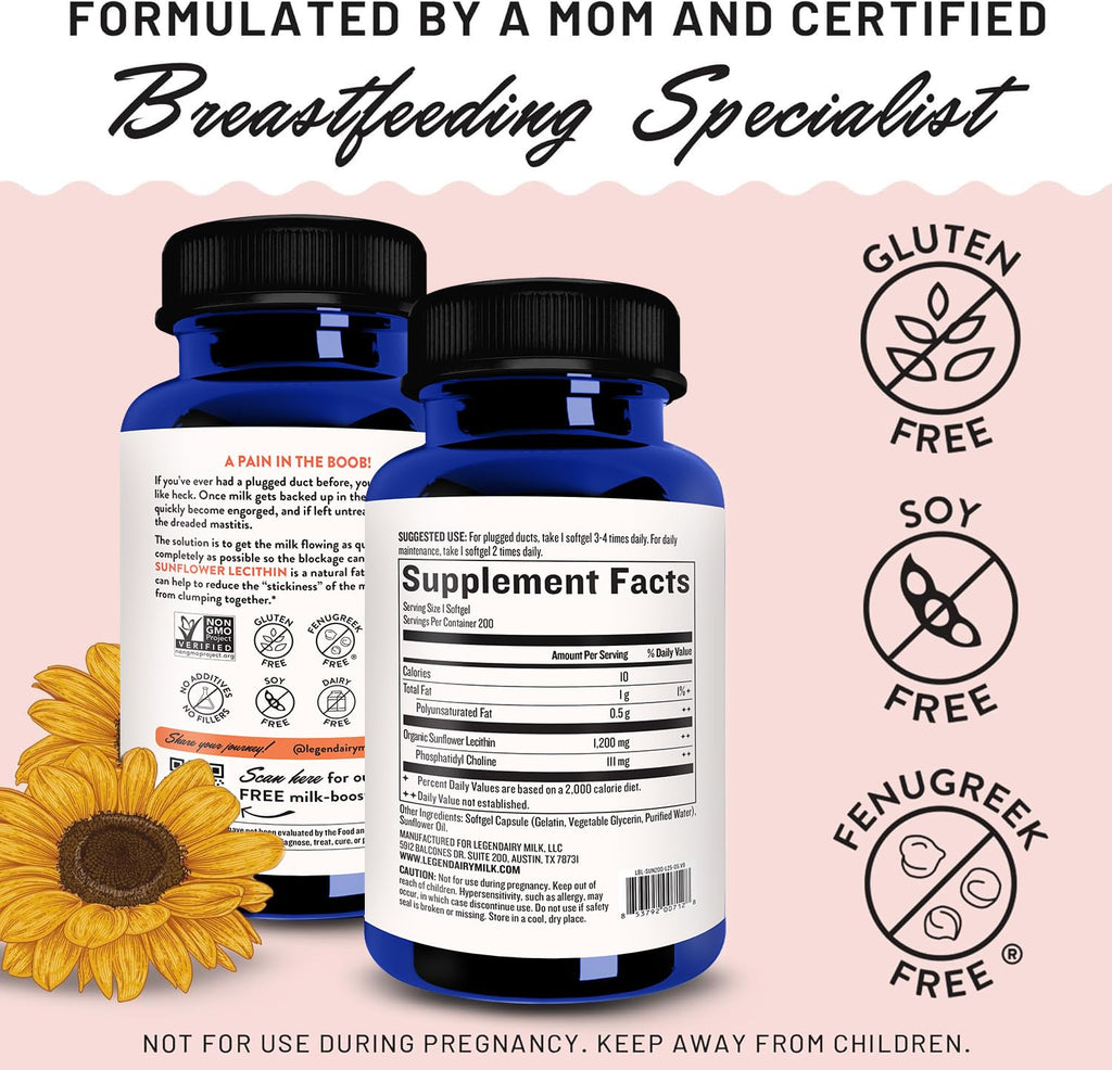 Legendairy Milk Sunflower Lecithin 1200mg, Lactation Support, Sunflower Lecithin Supplement for Clogged Milk Ducts, Made in USA, 200 Softgels