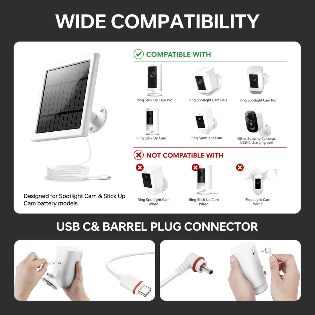 Solar Panel for Ring Camera, 2 Pack 4W Solar Charger with 10FT Cable, USB-C to Barrel Plug Adapter, Compatible with Ring Stick Up Cam Battery/Pro, Spotlight Cam Battery/Plus/Pro, Reolink Argus Pro