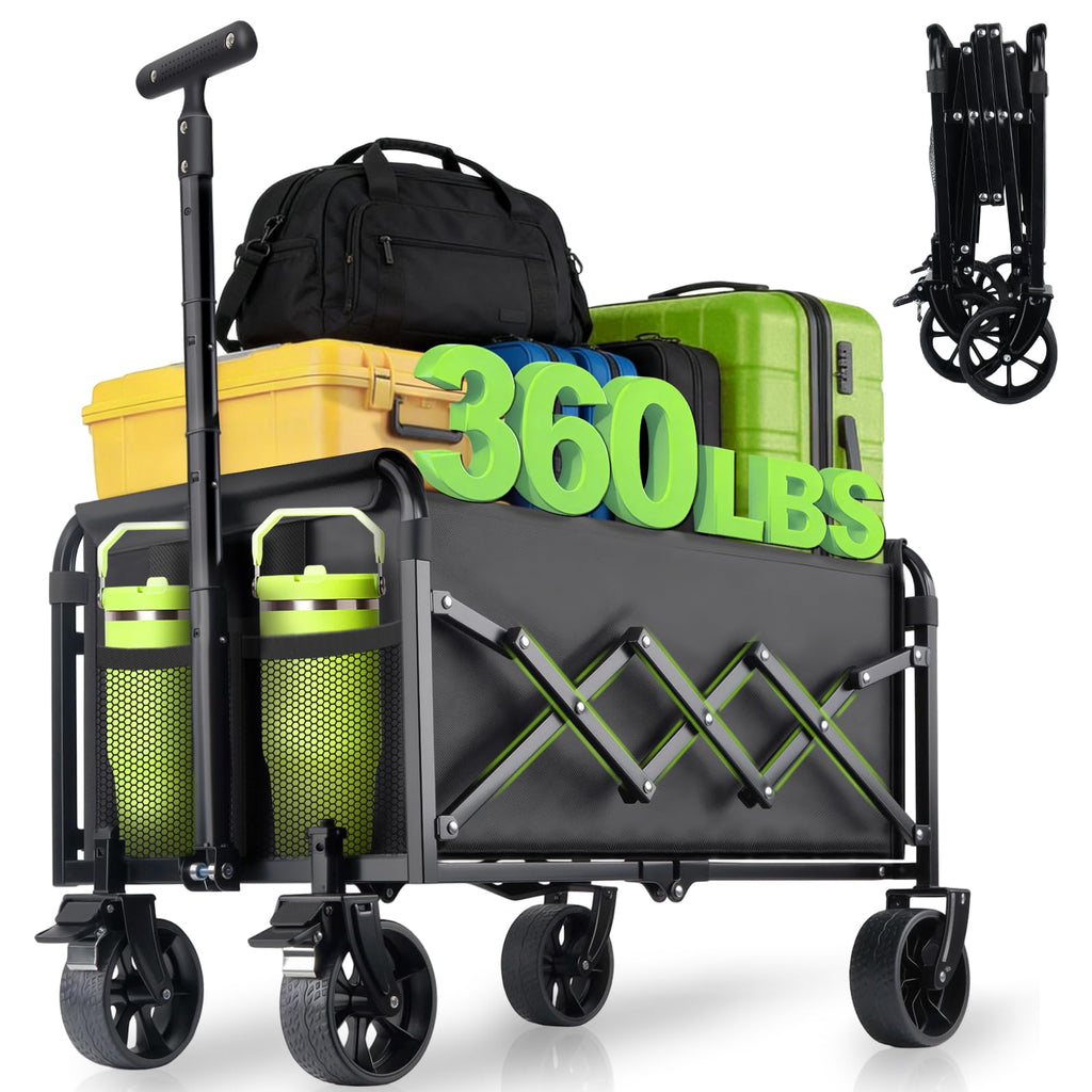 Collapsible Foldable Wagon Cart with Wheels - 360LBS Folding Utility Wagon Cart with Brakes, Lightweight Portable All-Terrain Wagons for Groceries Garden Beach Shopping Camping, 2 Cup Holders/Black