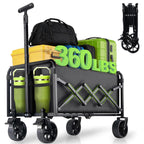 Collapsible Foldable Wagon Cart with Wheels - 360LBS Folding Utility Wagon Cart with Brakes, Lightweight Portable All-Terrain Wagons for Groceries Garden Beach Shopping Camping, 2 Cup Holders/Black
