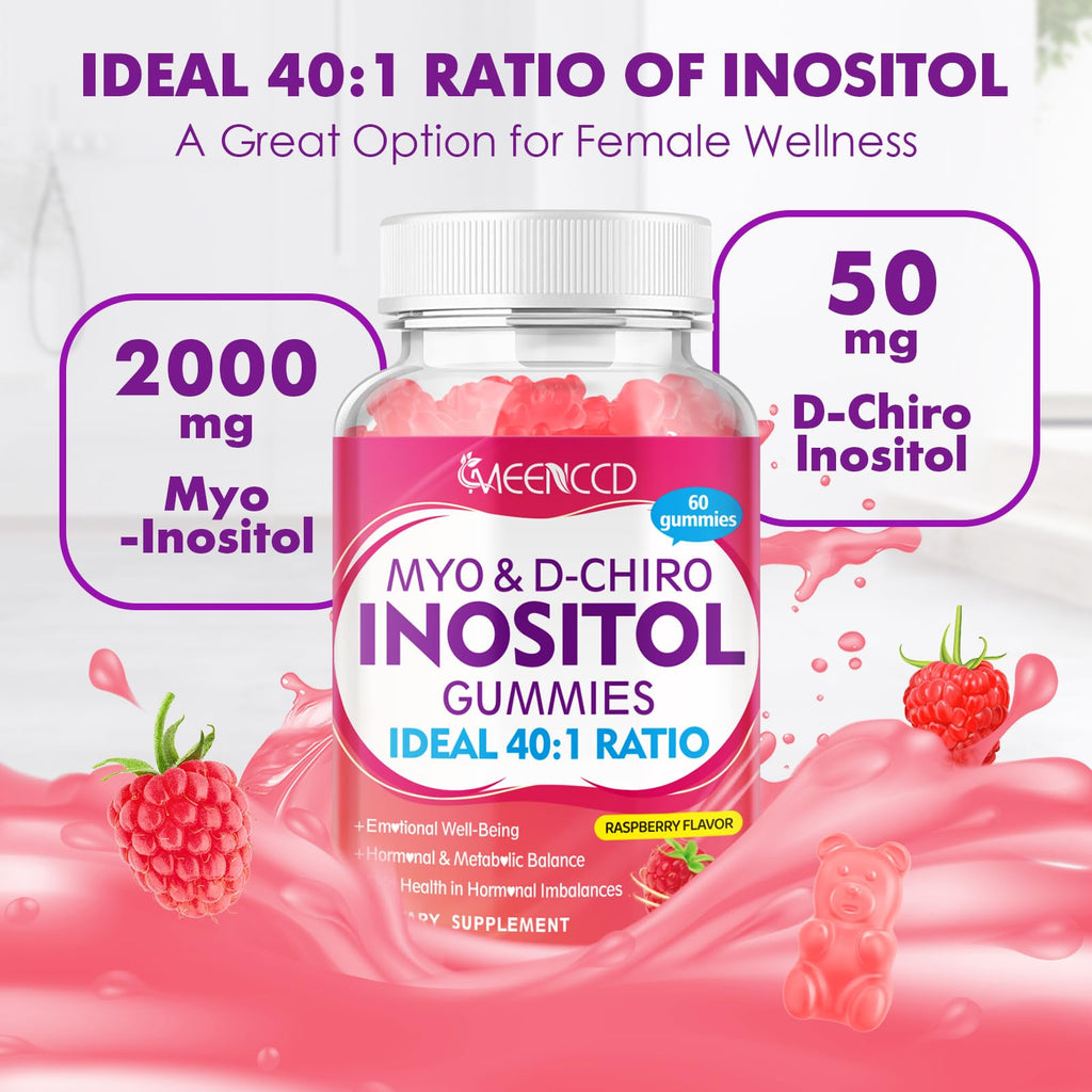 MEENCCD 2 Pack Myo-Inositol & D-Chiro Inositol Gummies, 40:1 Ratio Inositol with Vitamin D3, Magnesium Glycinate, Folate & Zinc, Inositol Supplement for Female Health, Raspberry Flavor, 120 Count