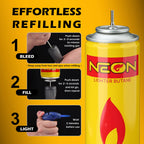 NEON Butane Fuel Refill, 300ml x 4 Cans Ultra Refined Lighter Fluid, Premium 99.999% Pure Butane Gas with Metal Nozzle and 5 Butane Adapter Tips for Torch Lighter, Kitchen Torches, Refillable Lighters