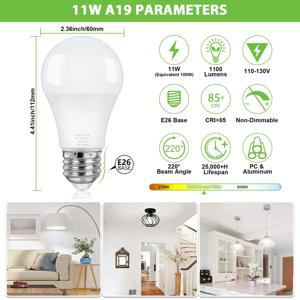 ASOMST 4-Pack A19 Light Bulbs, 100W Equivalent LED Bulb, Neutral White 4000K 1100LM 11W, Non-Dimmable E26 Base Bright Lighting, CRI 85+, No Flicker