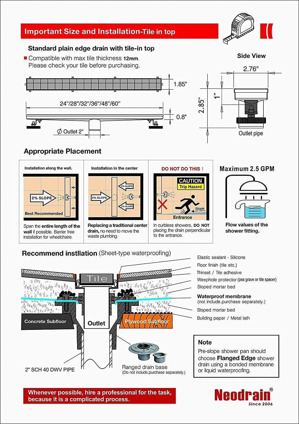 Neodrain 48-Inch Linear Shower Drain with Tile Insert Grate, Professional Brushed 304 Stainless Steel Rectangle Shower Floor Drain Manufacturer, Floor Shower Drain with Shower Drain Base