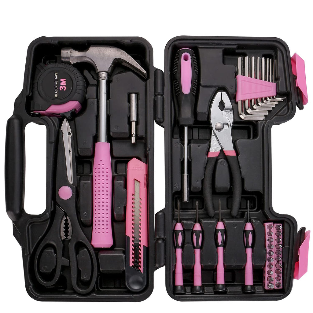 39 Piece All Purpose Basic Household Pink Tool Kit for Women - Small Tool Set with Toolbox Great for Home, Garage, Office and College Dormitory Use