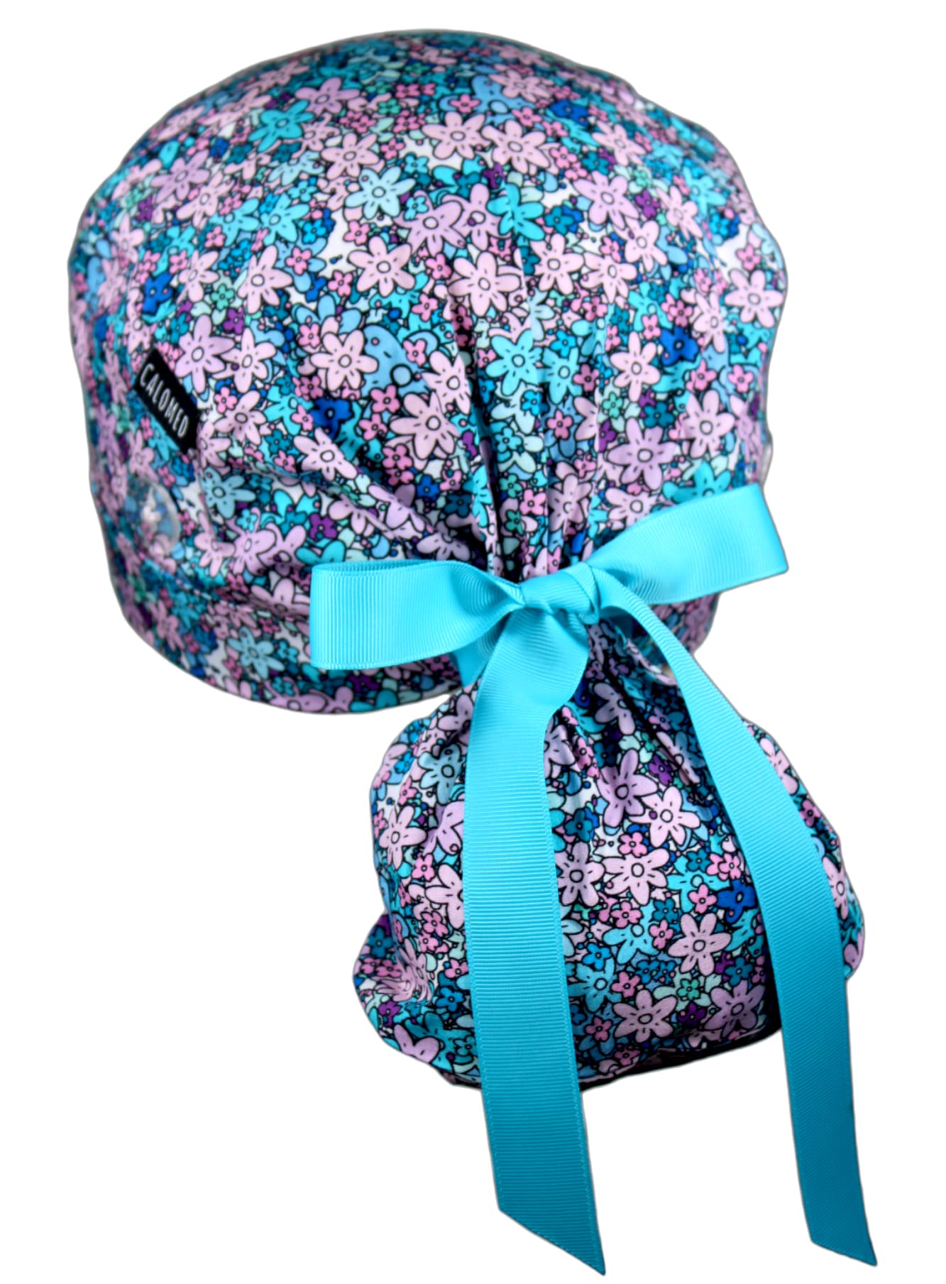 CALOMED Scrub Cap for Women and Men, Ponytail Scrub Caps, Working Hat, Head Cover with Ribbon Ties and Buttons, Long Hair (Small Purple Flowers)