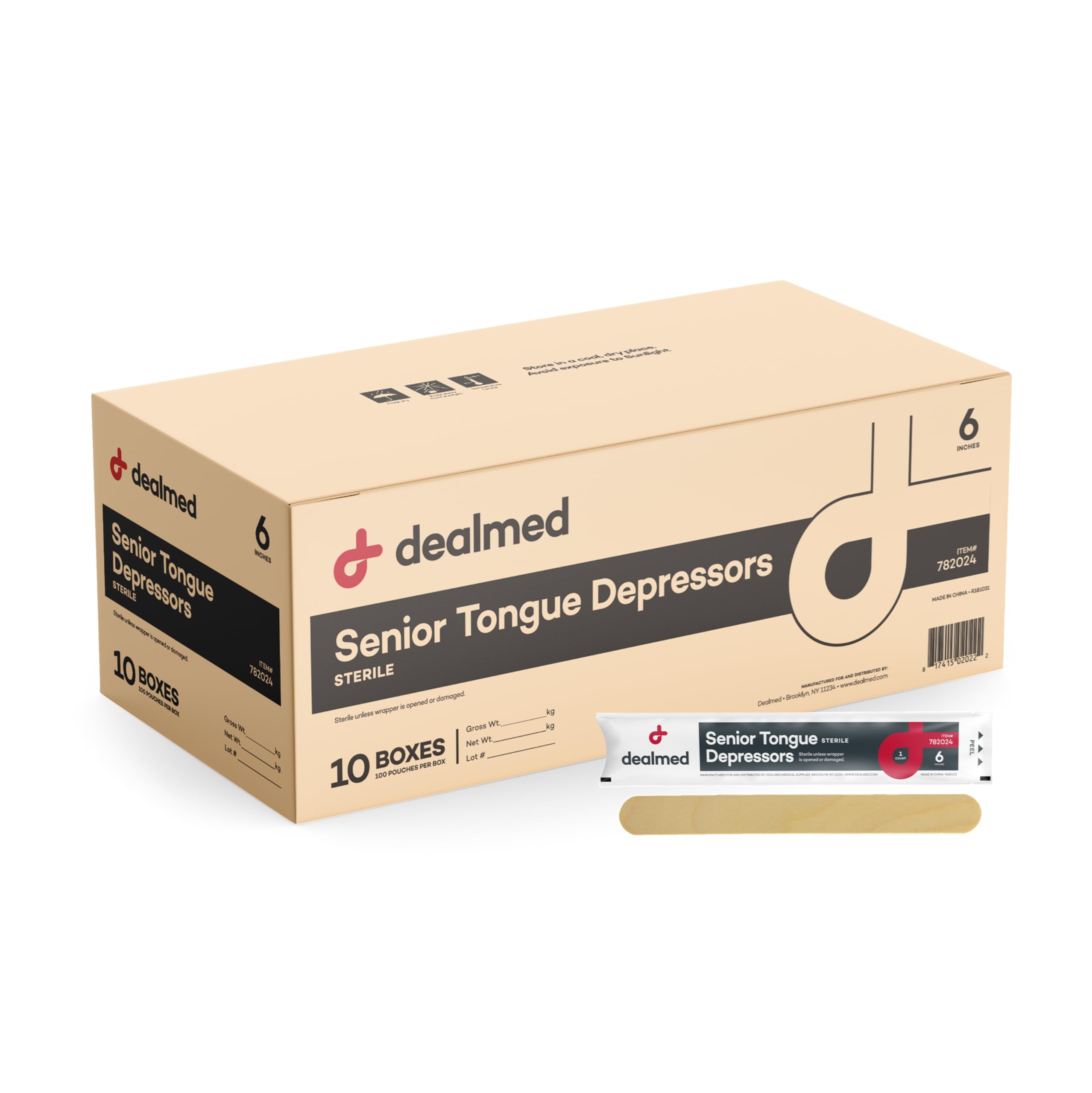 Dealmed Senior 6" Tongue Depressors - Sterile Wood, 100 Ct (10 Pack)