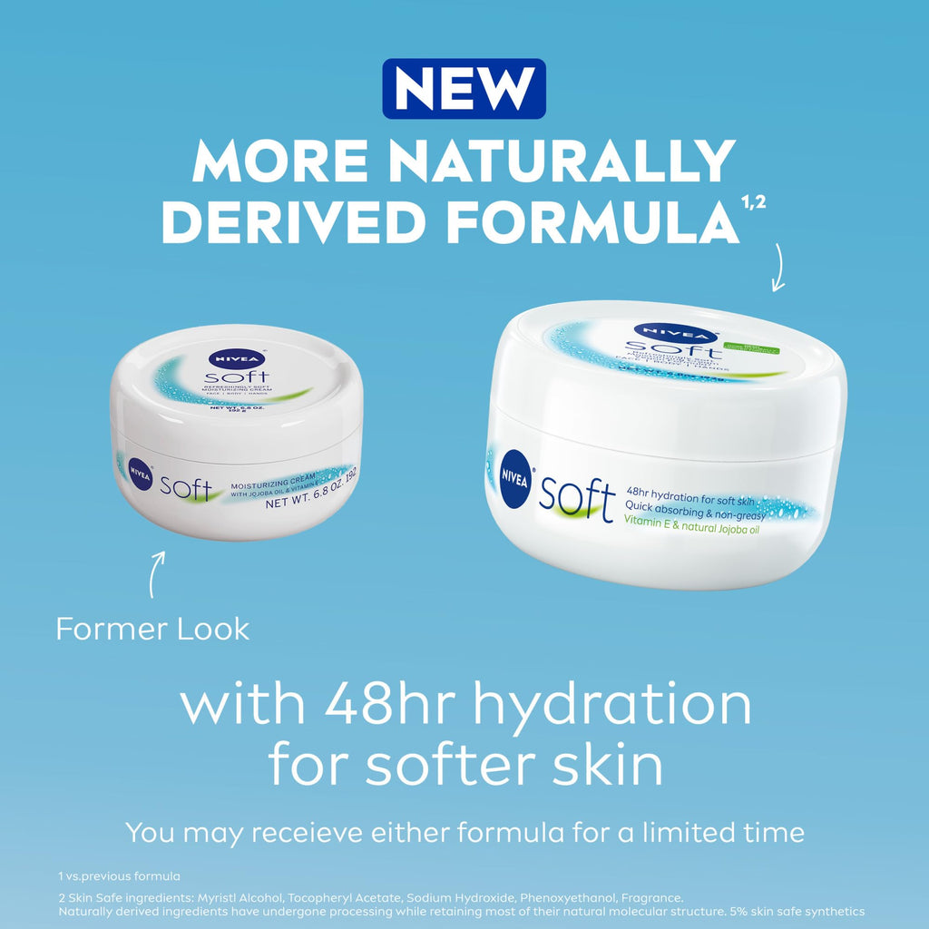 NIVEA Soft Refreshingly Soft Moisturizing Cream for Face, Body and Hands, Lightweight, Non-Greasy, 48-Hour Body Moisturizer with Jojoba Oil and Vitamin E, 6.8 Oz Jar, Pack of 3