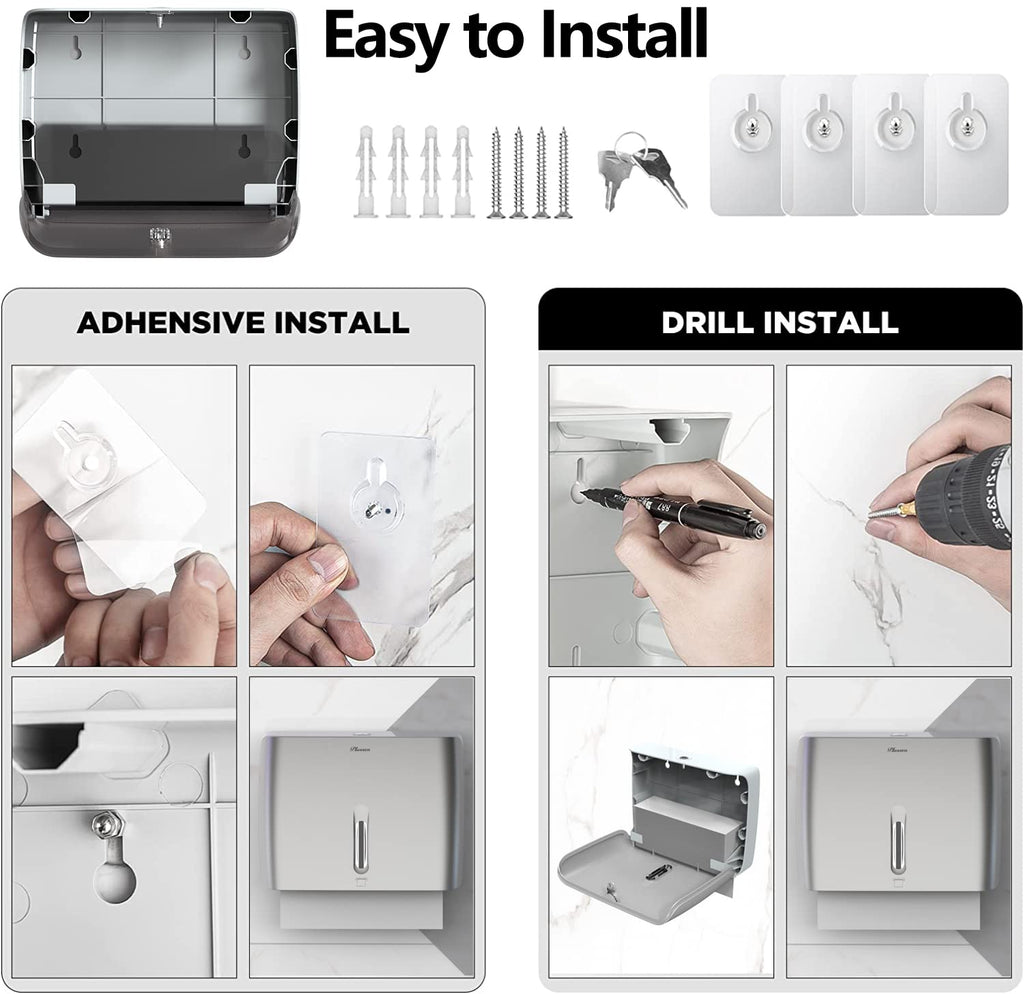 PLUSSEN Paper Towel Dispenser Wall Mount Commercial & Home Use ABS Matte Silver Gray with Window Holds 200 C/Z/Multi-Fold Towels Includes Hardware & Key Bathroom Paper Towel Holder