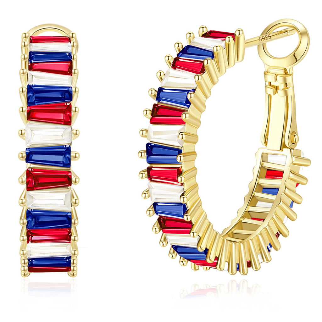 GLOQUAT American Flag Hoop Earring 14K Gold Plated Patriotic 4th of July Hoops for Women 925 Silver Post Flag Earrings Gold Hoops for Women Trendy Ole Miss Earring Red White and Blue Hoop Jewelry