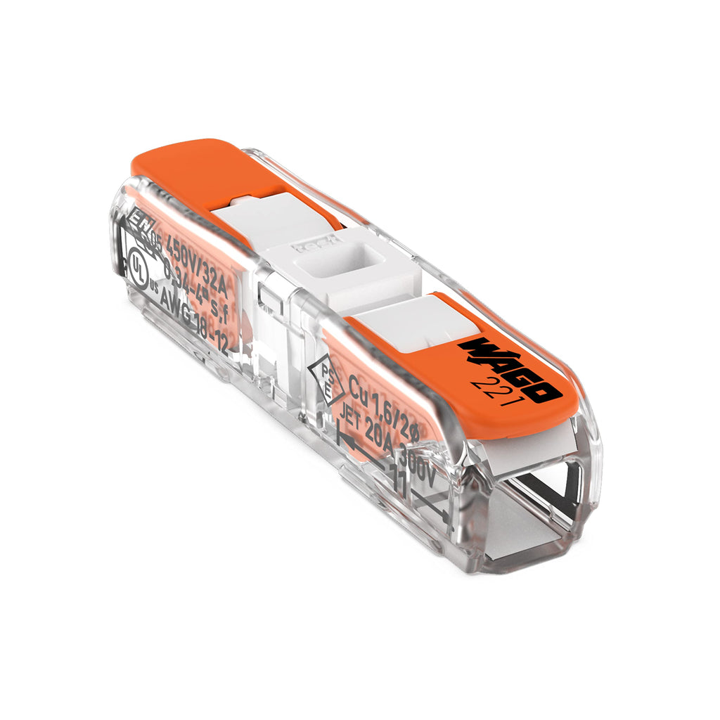221-2401 | WAGO Lever-Nuts® Inline Splicing Connector | for Solid and Stranded Conductors | 2-Conductor with Operating levers | 20-12 AWG | Transparent housing | White Cover | [Bag of 500 Pieces]