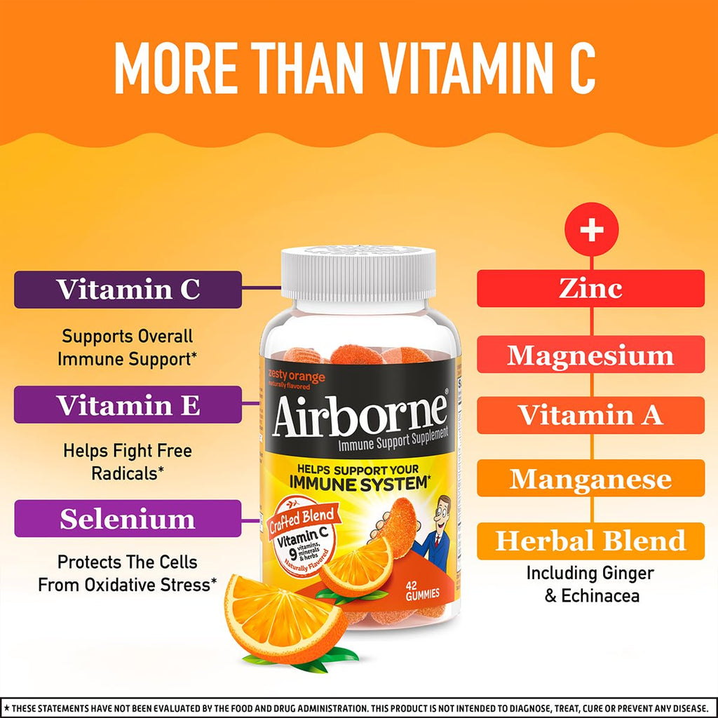 Airborne 750mg Vitamin C Immune Support Supplement Gummies for Adults, Zesty Orange Flavor, Gluten Free Crafted Blend with Powerful Antioxidants Vitamins C & E, 42 Gummies (2 Pack)