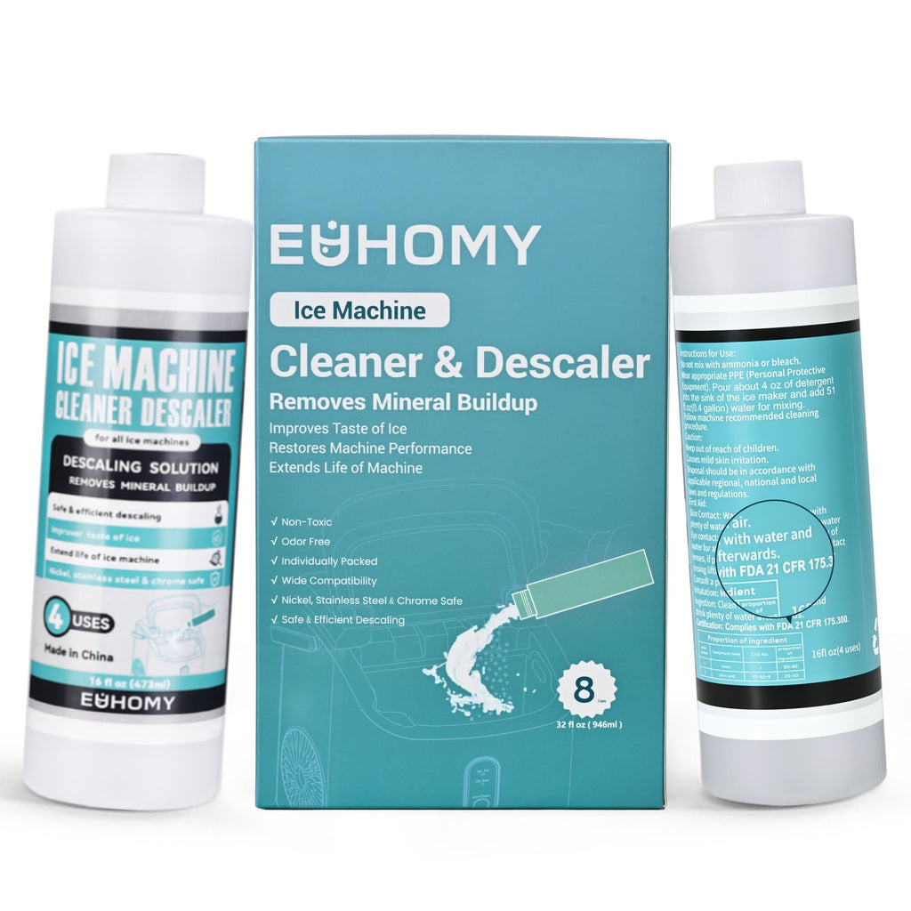 EUHOMY Ice Machine Cleaner Descaler, 32 Fl OZ Ice Maker Cleaner (8 Uses), Ideal Universal Descaling Solution for All Brands Ice Maker, Single Use Coffee and Espresso Machines (2 Bottles)