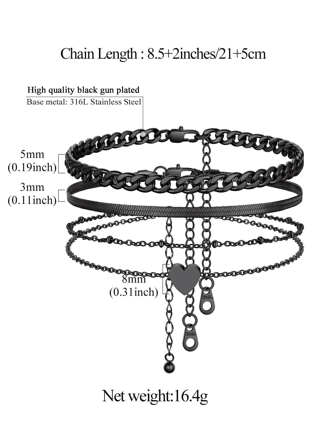 FindChic Cuban Link Anklets for Women Black Ankle Bracelets Waterproof Herringbone Chain Layered Foot Jewelry