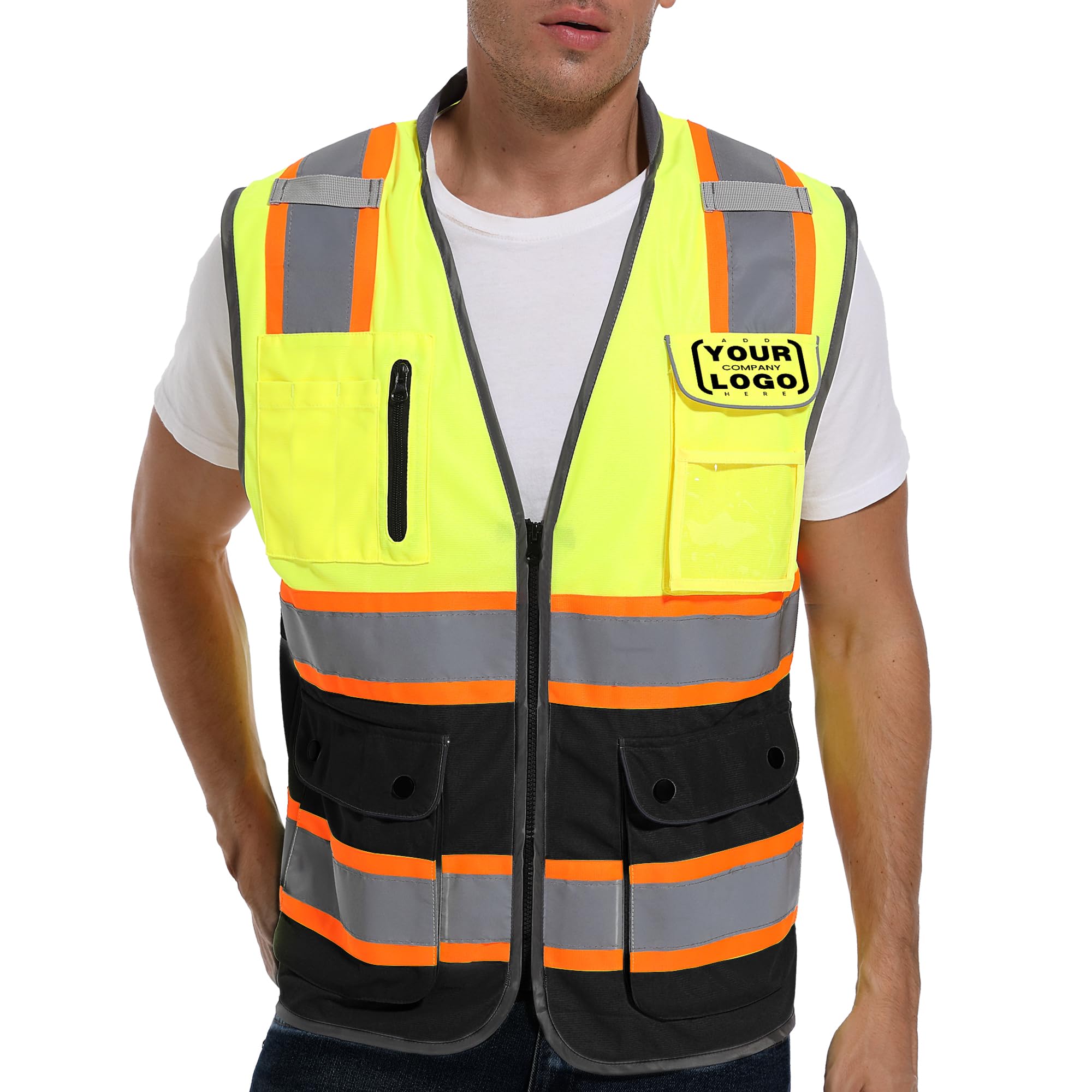ArcRidge Reflective Safety Vest for Men and Women - High Visibility Construction Vest - Dual Tone Reflective Strips (Yellow-Black-Custom, Small)