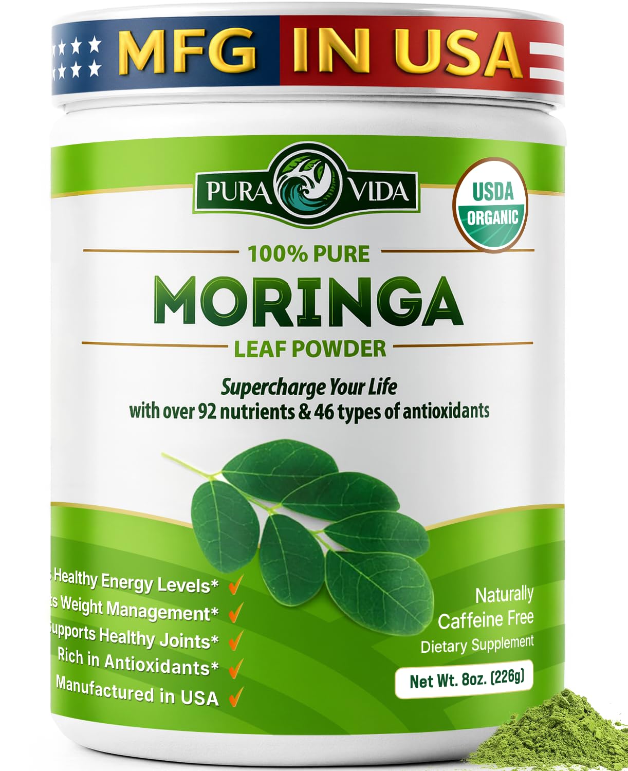 PURA VIDA MORINGA Organic Moringa Leaf Powder, Premium 100% Leaf Powder Single Origin - USDA Organic Moringa Oleifera, Perfect for Smoothies & Recipes, 8 oz