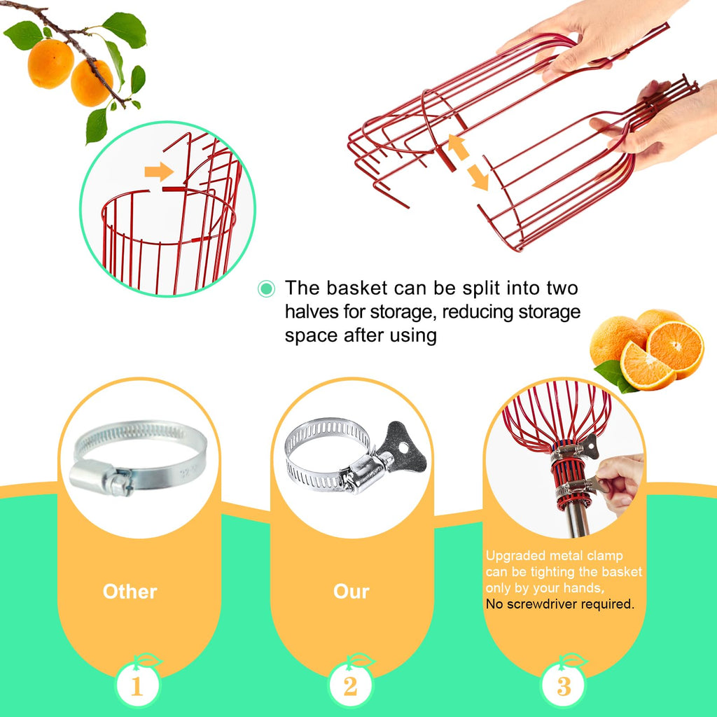 Qiullen 13 FT Extendable Fruit Picker Pole Tool Adjustable Long Handle Fruit Picker Metal Basket Fruit Grabber Tool with Protective Foam Pad Stainless Steel Garden Picker Tool for Apple Mango Lemon