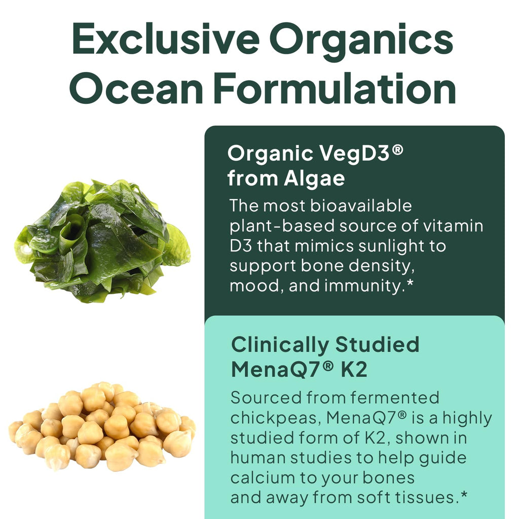 Organics Ocean Better D3 + K2-100% Organic VIT D3 and K2 Supplements with Maximum Bioavailability - Supports Bone Density, Calcium Balance, Immunity & Mood - 1-Pack, 30-Day Supply
