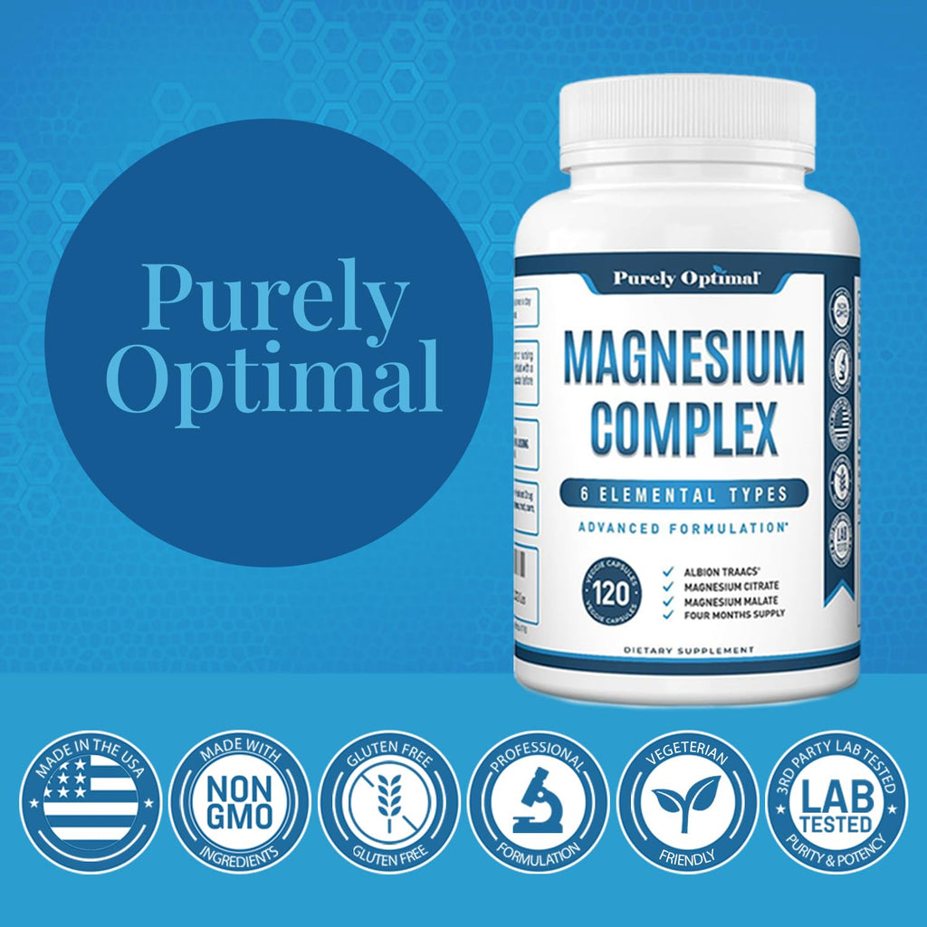Purely Optimal Magnesium Complex - 6 Forms Magnesium Glycinate, Citrate & Malate - Sleep Support, Stress Relief, Muscles, Heart Health & Relaxation - Magnesium Supplement for Women & Men, 120 Caps