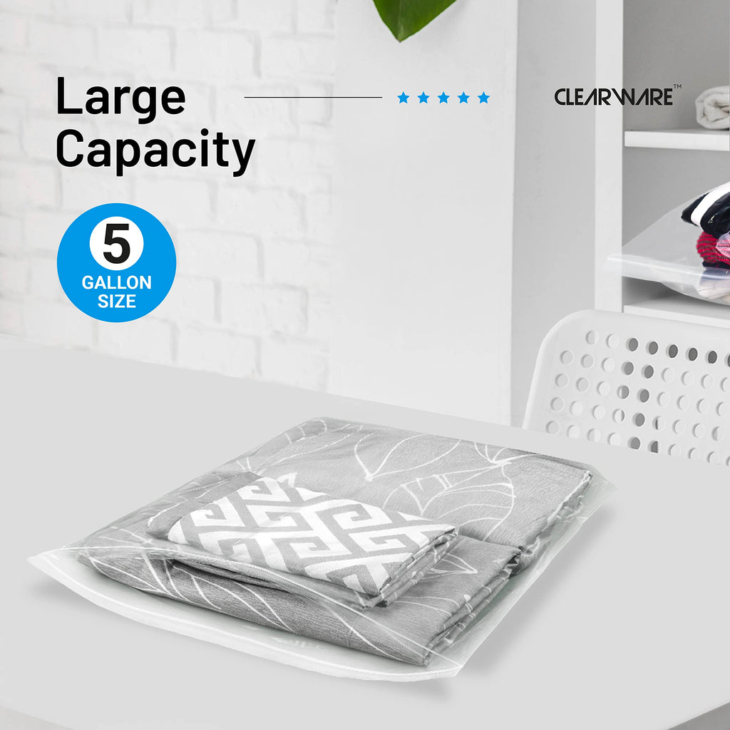 Clearware 50 Large Storage Bags With Zipper Top - 5 Gallon Bags 18" x 24", Extra Plastic for Clothes, Travel, Moving, Reusable freezer bags, BPA-Free, 2-mil Thick