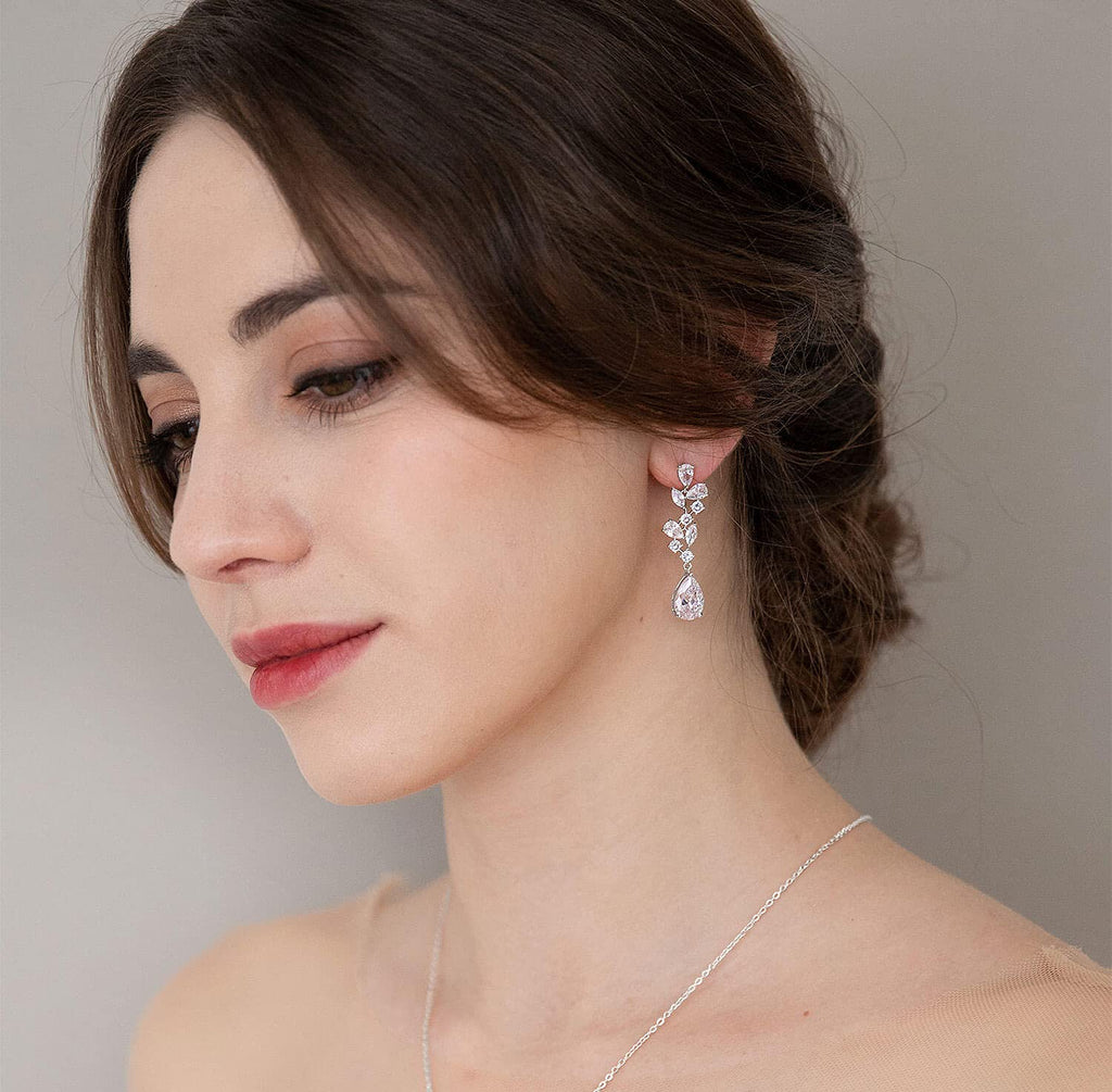 SWEETV Bridal Wedding Earrings for Brides Bridesmaides-Marquise Teardrop Earrings for Women, Cubic Zirconia Drop and Dangle Earrings for Prom or Pageant,Jewelry, Silver